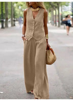 Casual Tank And Wide Leg Pant Sets 2 Piece Sets Women Outfit Summer Elegant Solid Cotton Linen Tops Trousers Suit Femme