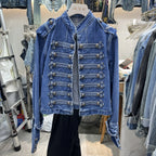 Denim Coat Women Jacket Streetwear Distressed Button Stand Collar Washed Patchwork Female Vintage Autumn Casual Outerwear
