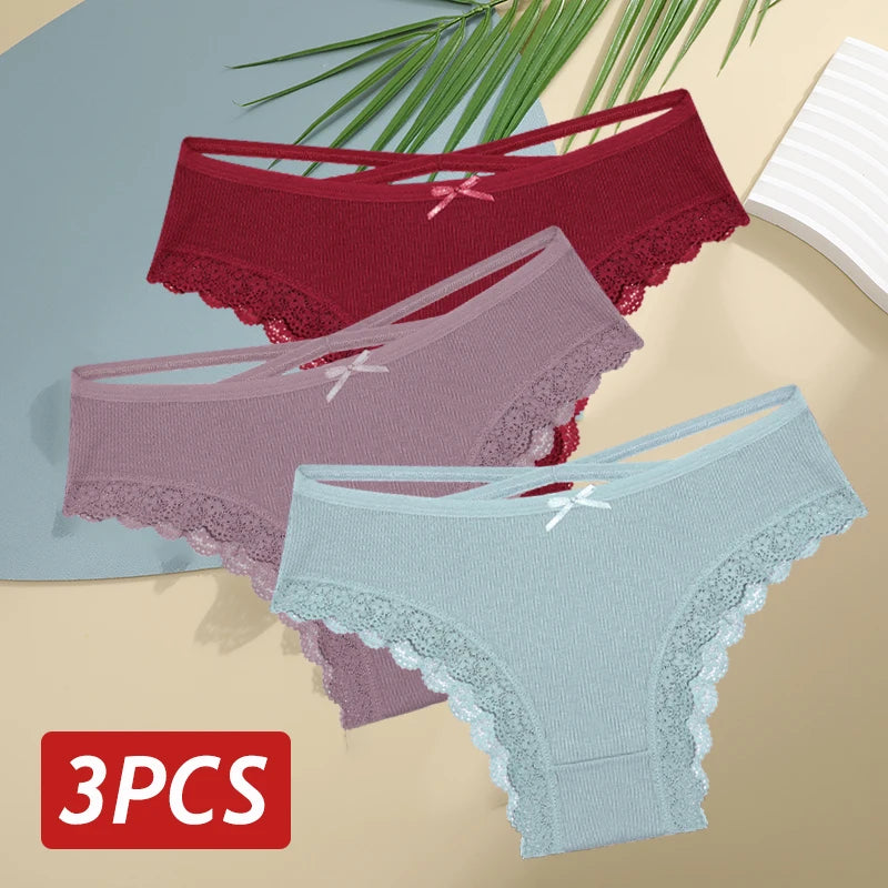 3PCS/Set Women’s Cotton Lace Bikini Panties – Low-Rise Breathable Soft Stretch Underwear (95% Cotton Comfort Fit) Sexy Low Rise Lace Brazilian Panties Hollow Out Soft Breathable Lingerie Female Bow Underwear S-XL