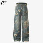 2026 New Vintage Floral Print Wide Leg Denim Pants Y2K High Waisted Distressed Washed Jeans Streetwear Loose Casual Trousers