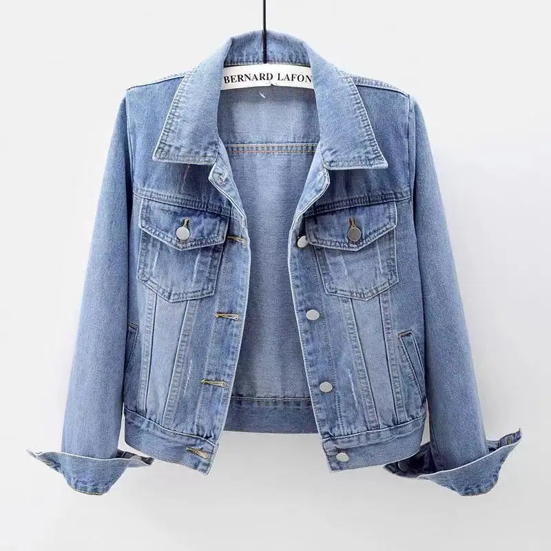 Slim Fit Denim Jacket for Women Short Washed Single Breasted Long Sleeve Tops