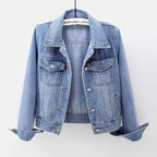 Slim Fit Denim Jacket for Women Short Washed Single Breasted Long Sleeve Tops