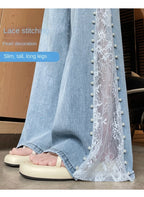 High Waist Women Jeans New Summer Thin Fashion Loose Hollow Out Wide Leg Pearl Lace Rayon Denim Pants