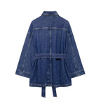 Women's Denim Jacket Solid Color Straps Waist Cinched Turndown Collar Fashionable Versatile Casual Spring Autumn Jacket 2025 New