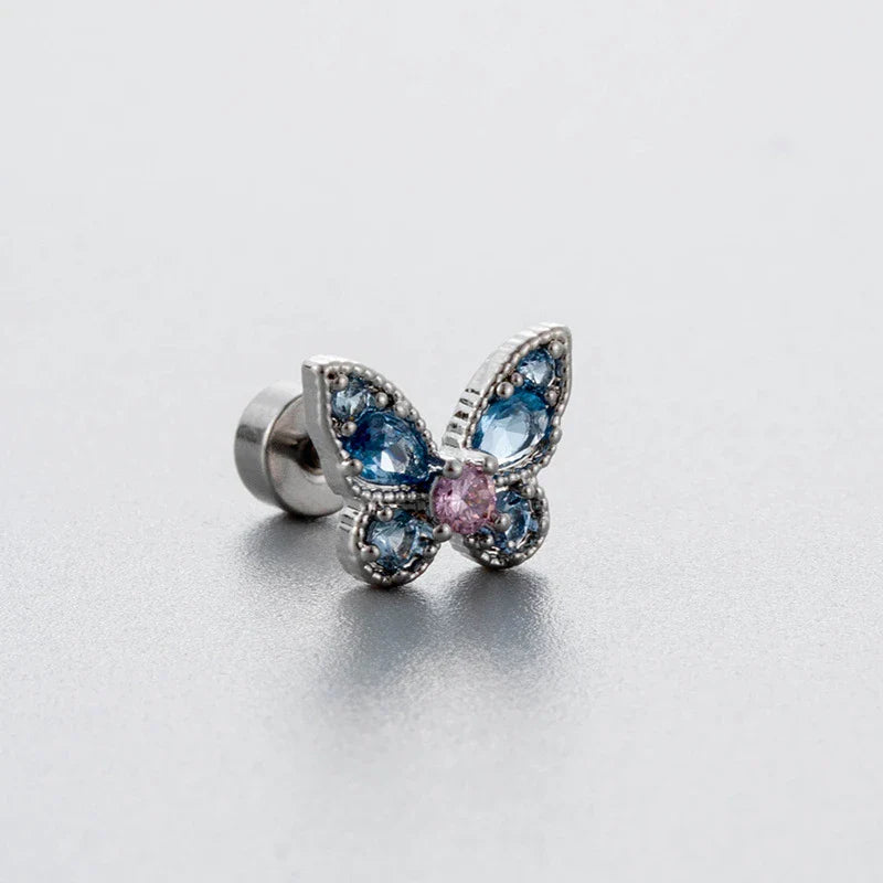 1PCS Delicate Blue Pink Zircon Butterfly 316L Stainless Steel Ear bone nail Y2K Hottie Cute Earring for Women Cochlea Accessorie