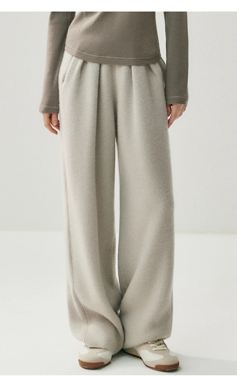 New Women's 100% Cashmere Knitted Thick Pants Autumn Winter Comfortable Skin Friendly Wide-leg Pants Solid Color Casual Clothing