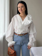Women's White Tie Front Knot Blouse Elegant Sexy Oversized Collared Shirt with Bow Detail 2026 Women's Office Wear Tops