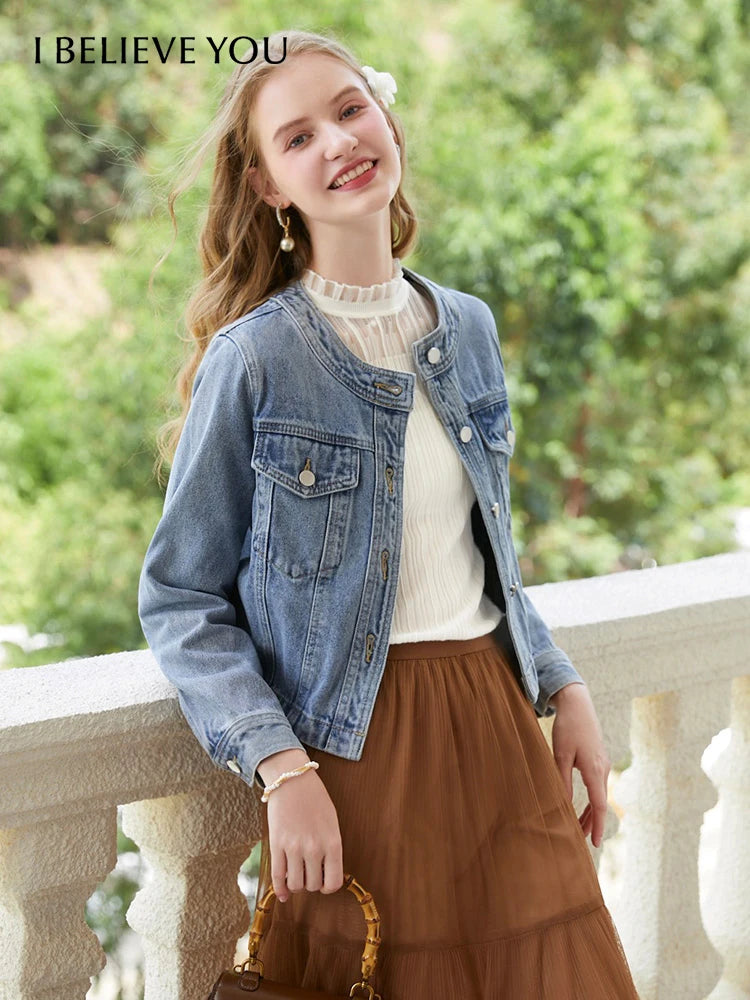 I BELIEVE YOU Short Denim Coat for Women 2024 Crew Neck Autumn New Casual Basic Straight Comfort Retro Female Jackets CWN245542A