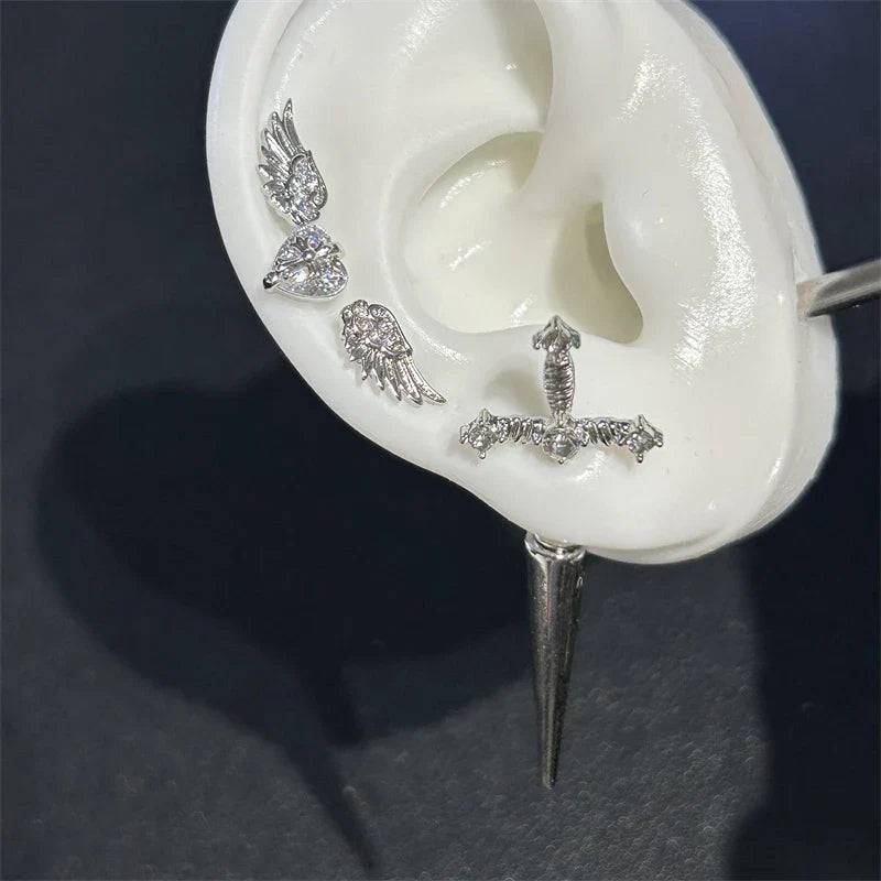 New Fashion Love Wings Cross Stainless Steel Ear Bone Nail Shiny Zircon Trendy Thread Earring for Women Body Piercing Accessorie