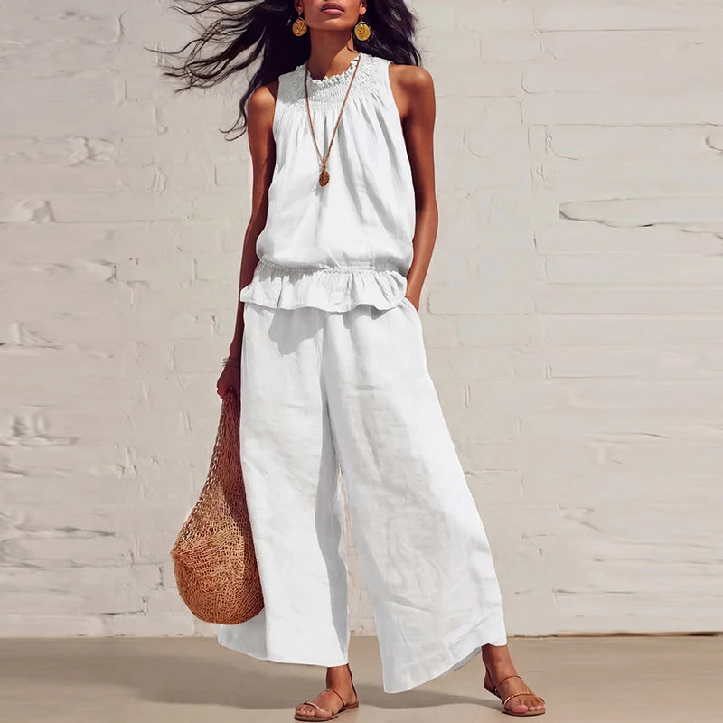 Summer Cotton Linen Solid Color Sleeveless Vest Top Women Pants Suit Casual Pocket Elegant Female Office Retro 2 Piece Set