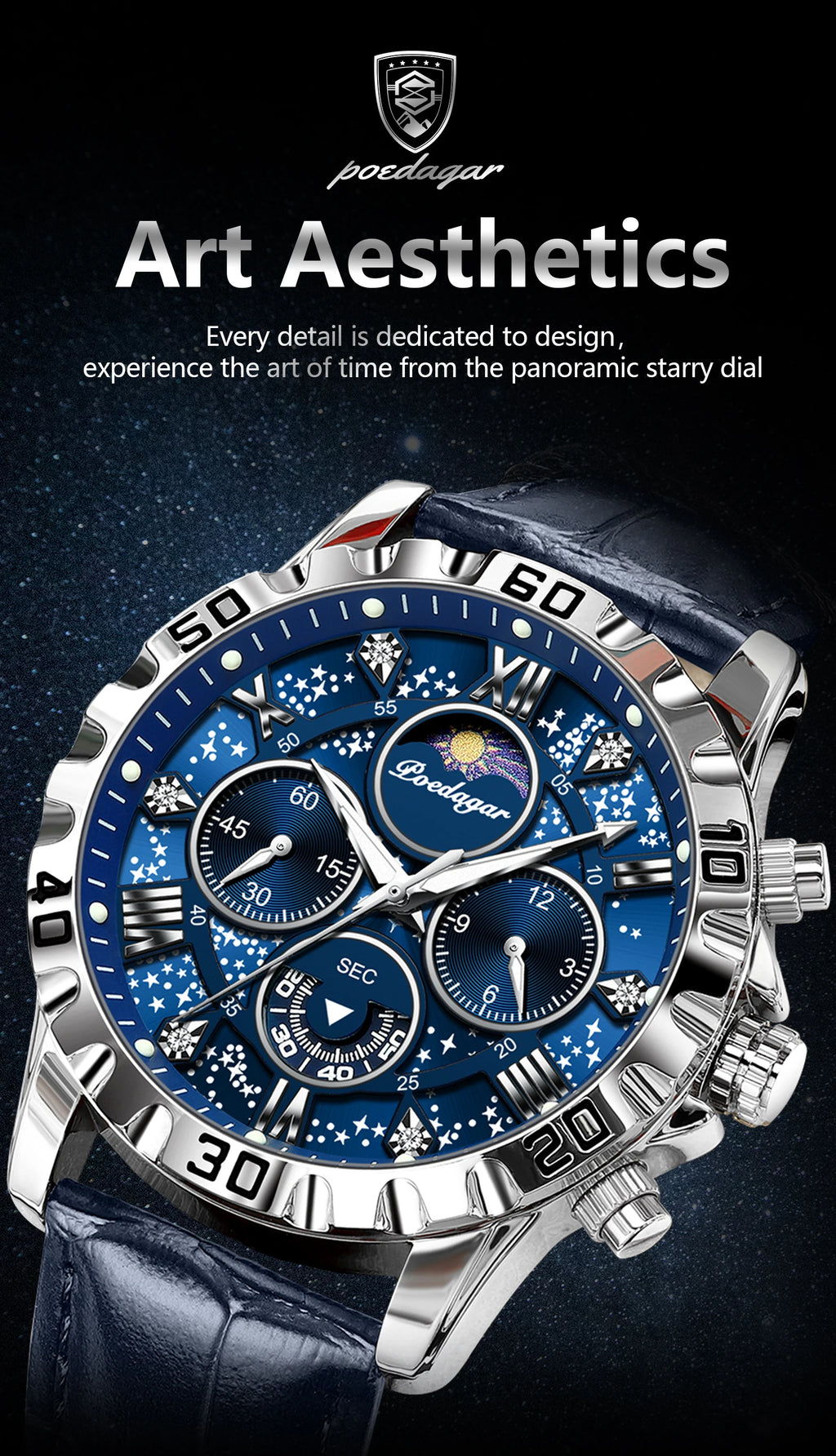POEDAGAR Top Functional Luxury Man Wristwatch Waterproof Luminous Chronograph Leather Sports Watches For Men Quartz Men's Watch