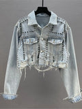 Women's Heavy Industry Riveted Diamond Denim Jacket Spring  Autumn New Slim Fashion Frayed Beaded Jacket Denim Female Tops 2026