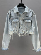 Women's Heavy Industry Riveted Diamond Denim Jacket Spring  Autumn New Slim Fashion Frayed Beaded Jacket Denim Female Tops 2026