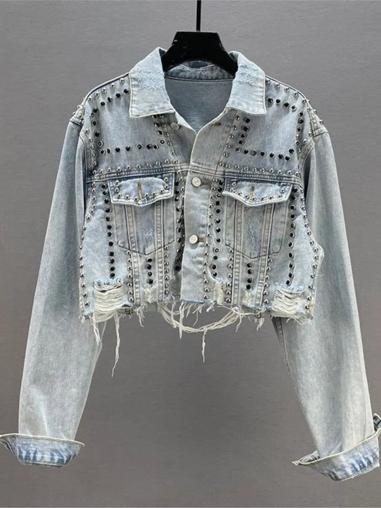 Women's Heavy Industry Riveted Diamond Denim Jacket Spring  Autumn New Slim Fashion Frayed Beaded Jacket Denim Female Tops 2026