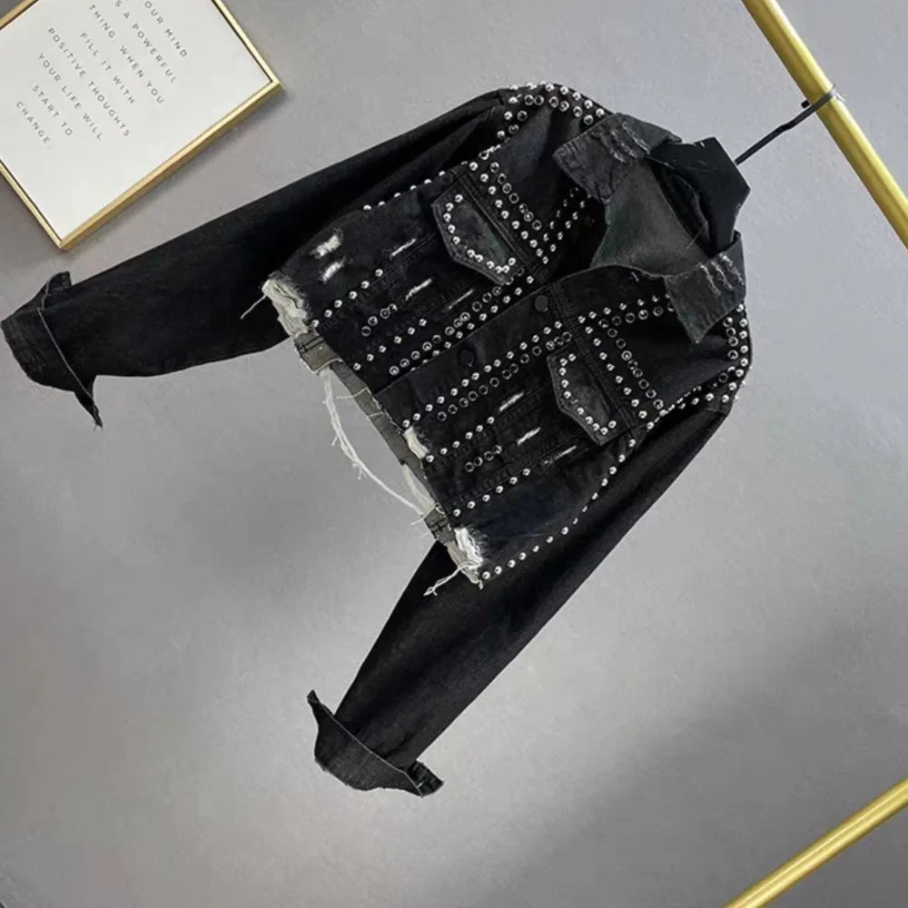 Women's Heavy Industry Riveted Diamond Denim Jacket Spring  Autumn New Slim Fashion Frayed Beaded Jacket Denim Female Tops 2026