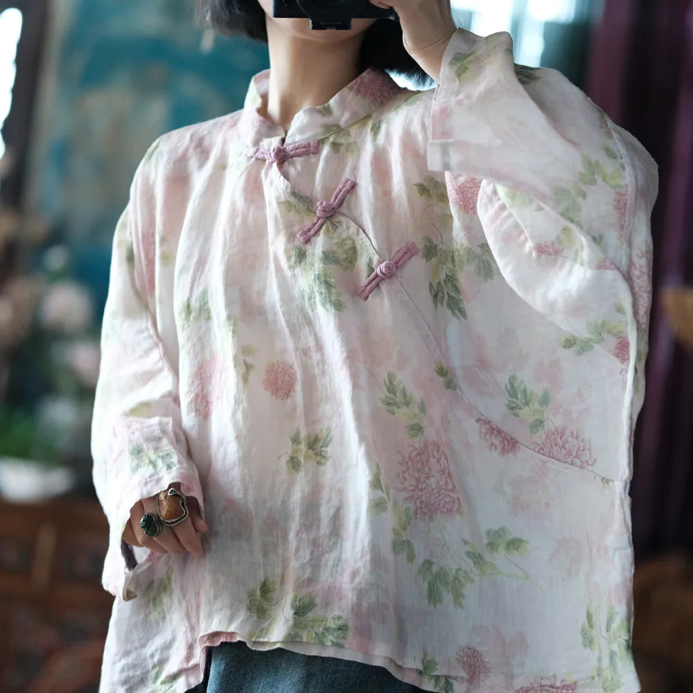 Oversized Women Batwing Sleeve Linen Shirt New 2025 Spring Chinese Style Vintage Floral Print Female Casua Tops Shirts M1057