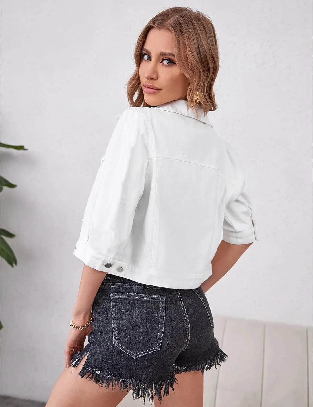 Womens Jean Jacket Cropped Denim Jackets Purple Yellow White Blue Stretchy 3/4 Puff Sleeve Distressed Shacket With Pockets