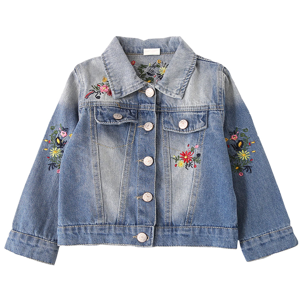 Girls' Denim Jacket with Embroidered,Flowers Fashion Kids Denim Jacket,Toddlers Transition Coat,Casual Children's Cowboy Outwear