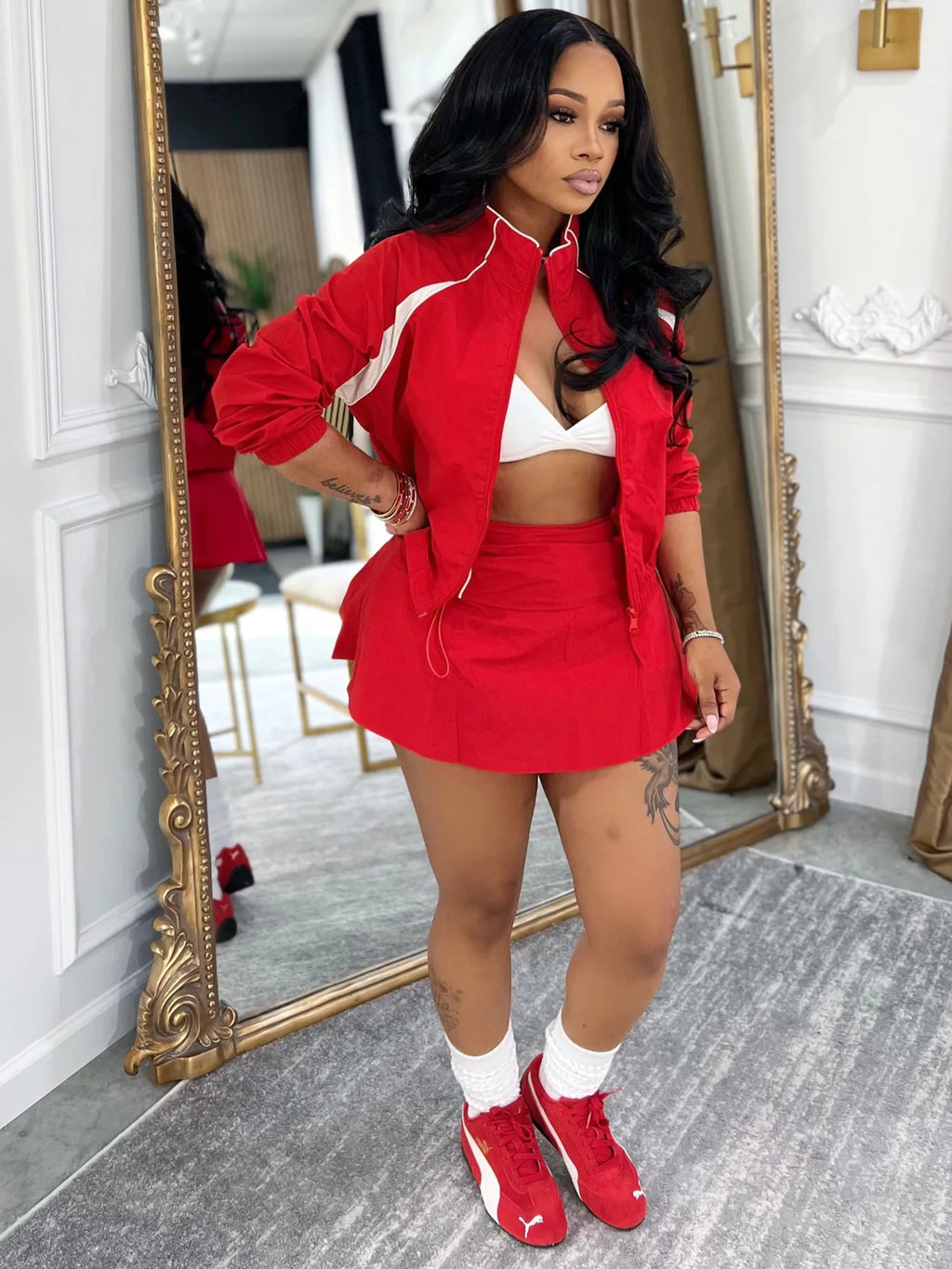 FAGADOER Casual Color Block 2 Piece Sets Woman Outfit Drawstring Ruched Patchwork Crop Top and Skirt Matching Female Streetwear