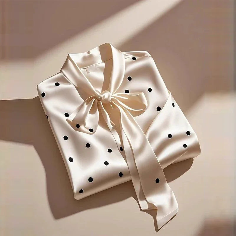Elegant High Quality Satin Polka Dot Print Shirt Women Office Lady Business Casual Chic Blouse Lace-up Bow Long Sleeve Loose Top