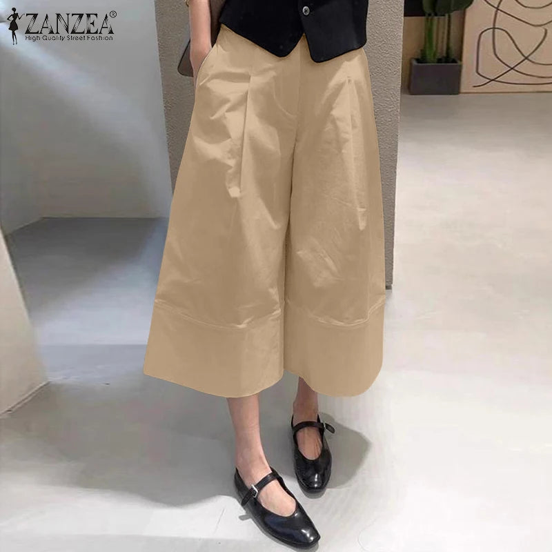 ZANZEA Women Casual Calf-Length Pants Elastic Back Waist Solid Color Wide-Leg Cropped Pant Loose Cozy Woman Bottoms Fall 2025