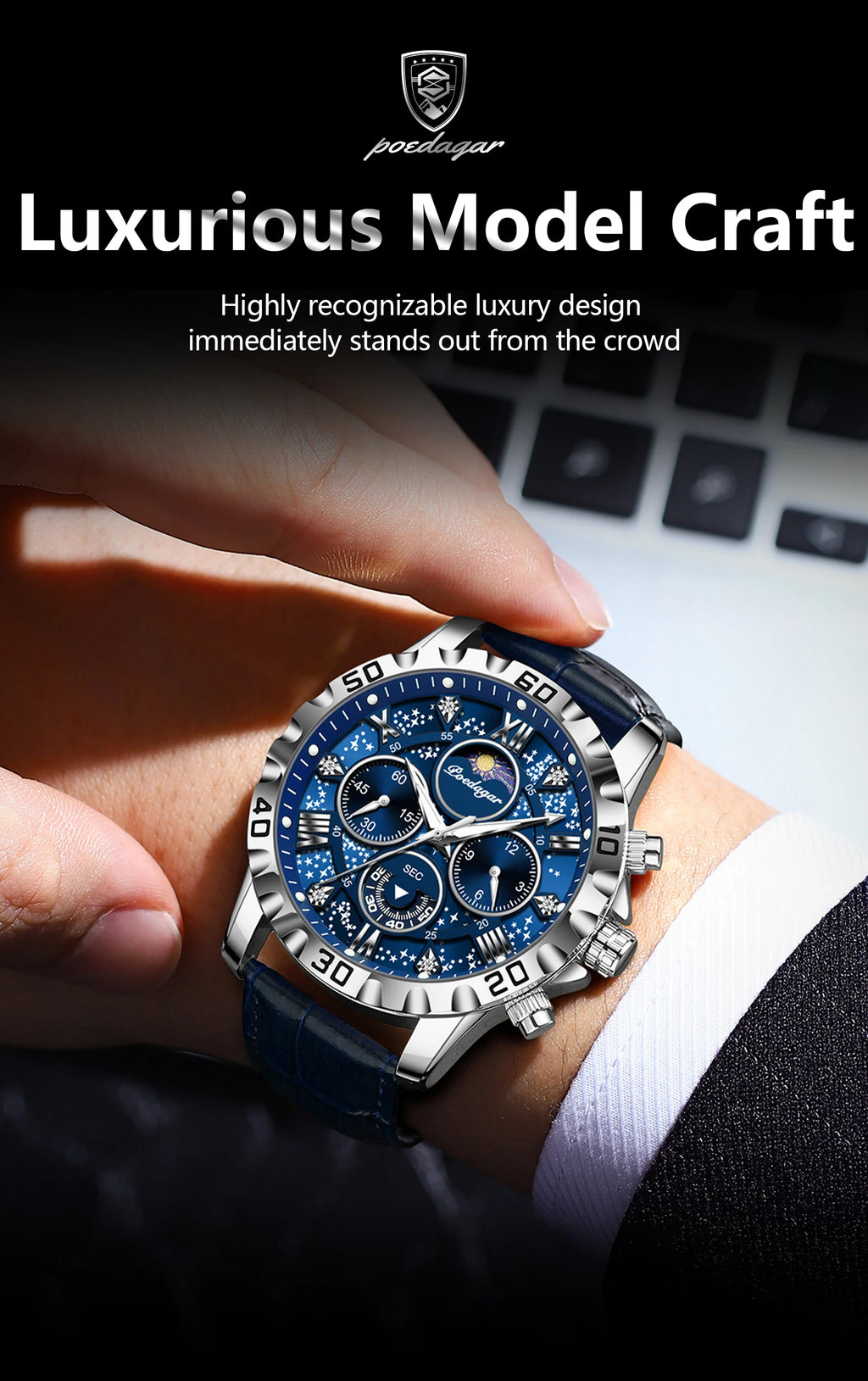 POEDAGAR Top Functional Luxury Man Wristwatch Waterproof Luminous Chronograph Leather Sports Watches For Men Quartz Men's Watch