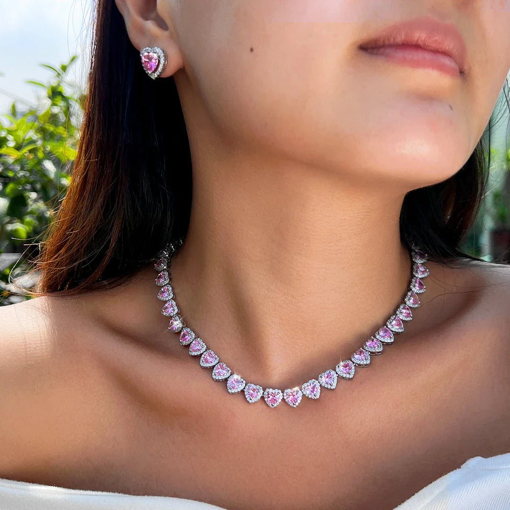 Pink Cubic Zirconia Big Heart Shape Necklace Earrings Set