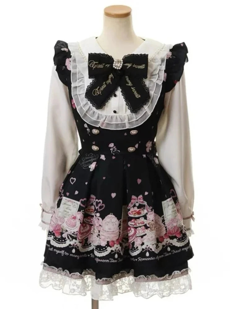 Japanese Sweet Preppy Style 2 Piece Set Women Kawaii Lace Patchwork Bow Tops + Y2k Plaid Mini Skirt Elegant Fashion Outifits New