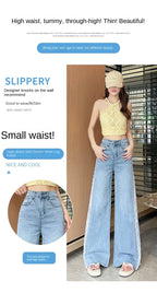 High Waist Women Jeans New Summer Thin Fashion Loose Hollow Out Wide Leg Pearl Lace Rayon Denim Pants