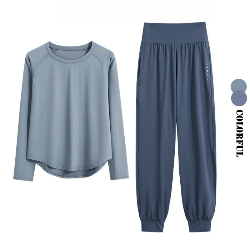 DRUR 2pcs Yoga Set Women Sports Pants Sets 2 Piece Sportswear Outfit Female Long Sleeve Fitness Top High Waist Sweatpants Suits