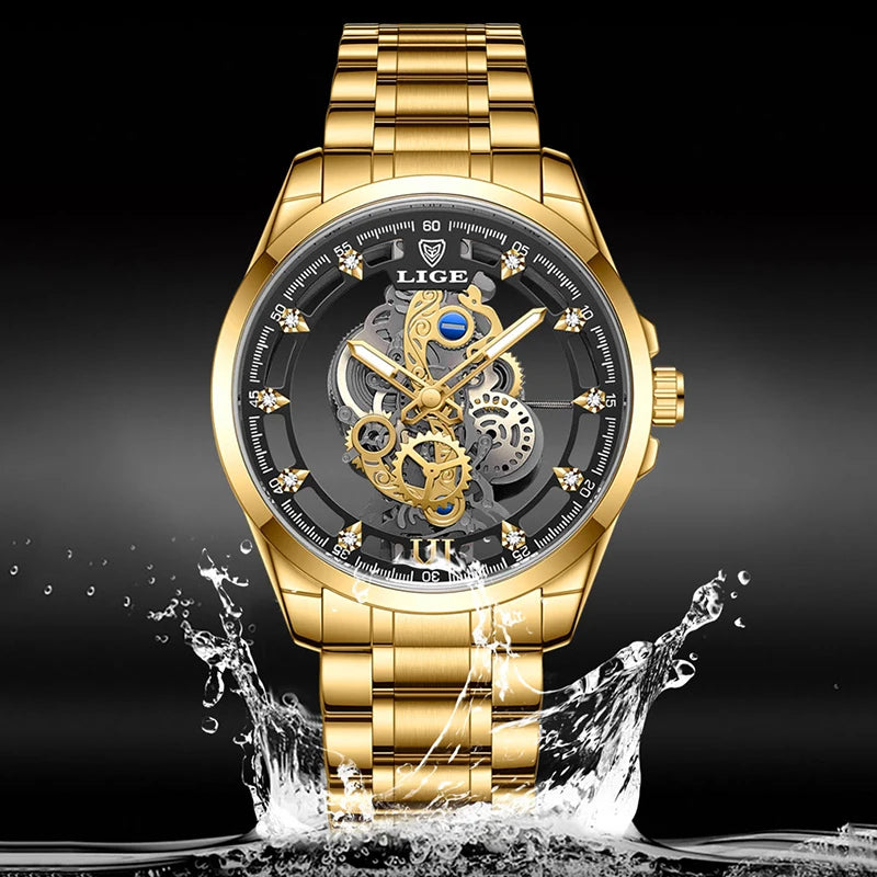 LIGE New Men Watch Skeleton Quartz Wristwatch Gold Skeleton Retro Man Watch Top Brand Luxury Clock Mens Watches Reloj Hombre