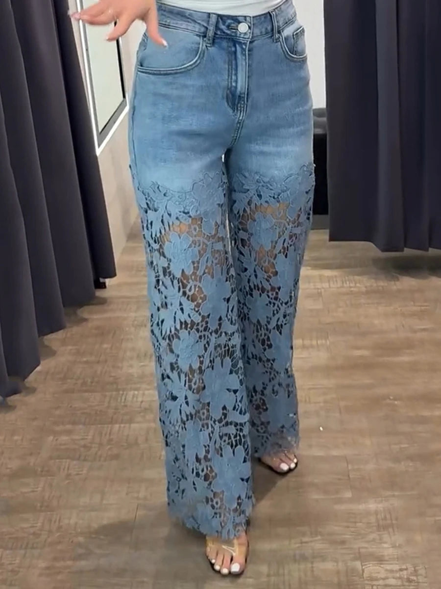VGH Solid Slimming Hollow Out Temperament Denim Pants For Women High Waist Spliced Button Temperament Trousers Female Fashion