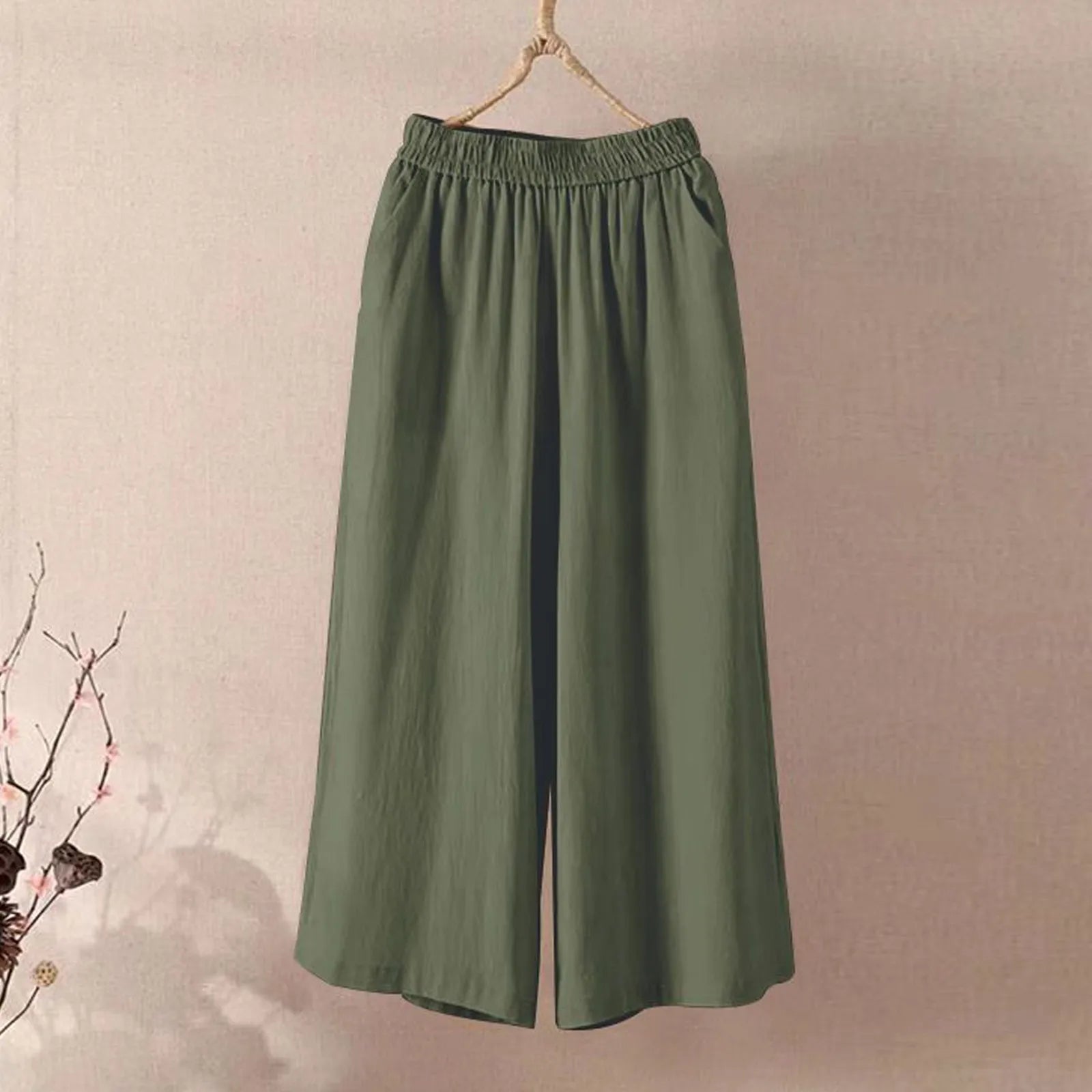 Feamle Casual and Versatile Lazy Style Wide Leg Pants With Pockets Lightweight High Waisted Loose Cropped Capris