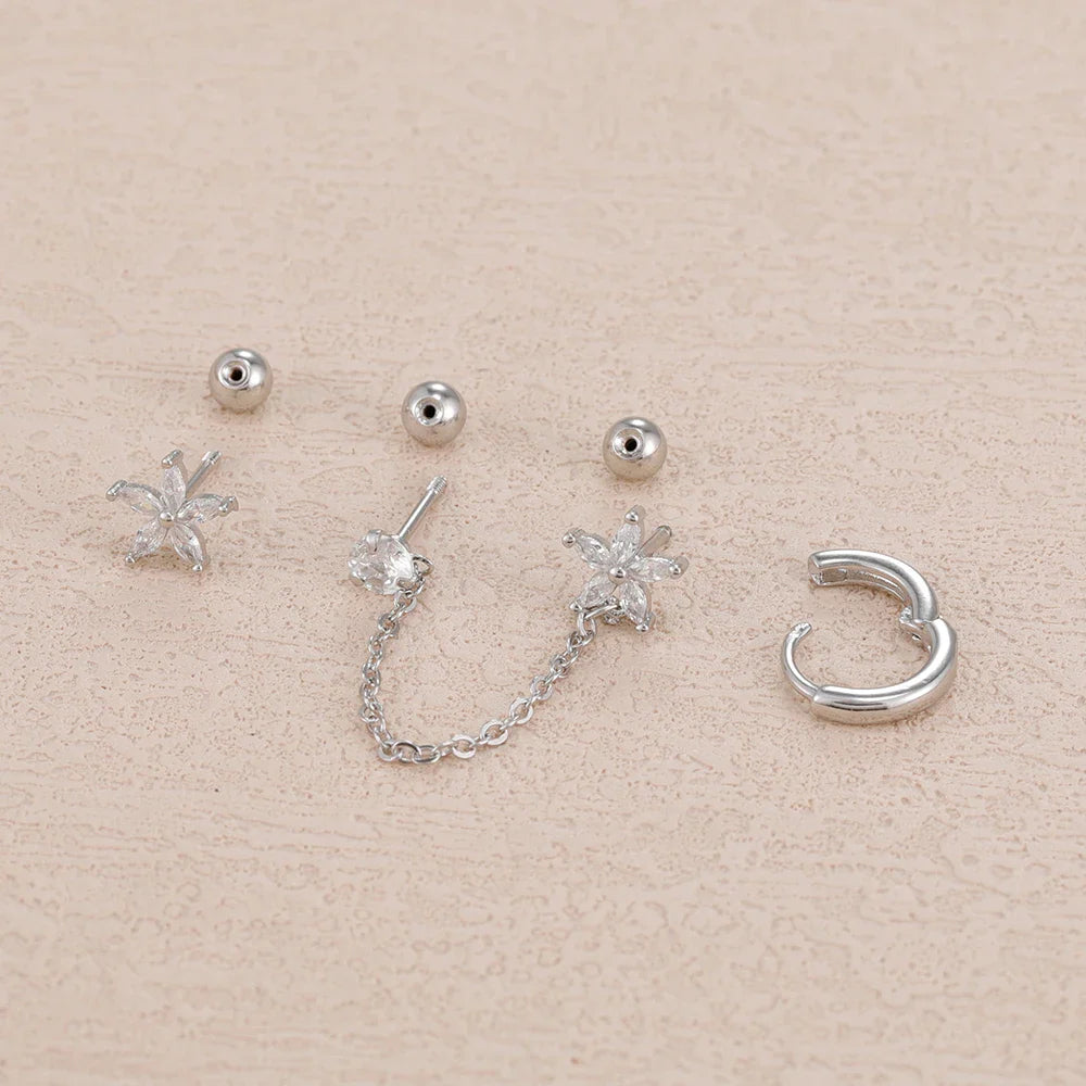 3PCS Zircon Flower Ear Stud Earrings