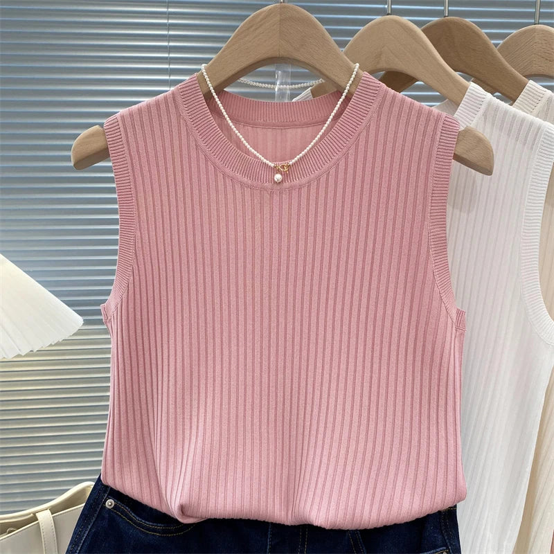 zjais Summer Spring Tanks Top Women Sleeveless Knitted T-Shirts Female Elastic Slim Casual Vests Crop Tops Camis Pullover Shirts
