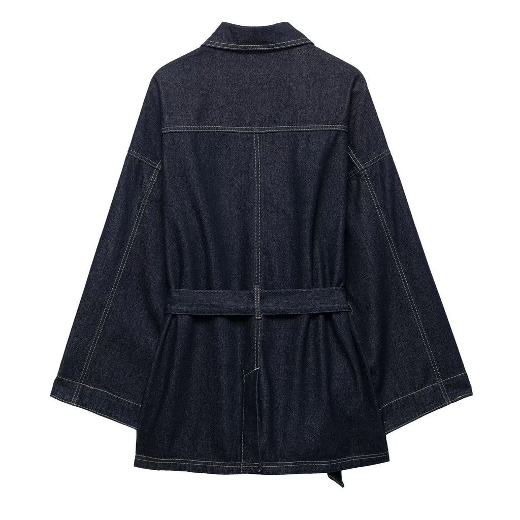Women's Denim Jacket Solid Color Straps Waist Cinched Turndown Collar Fashionable Versatile Casual Spring Autumn Jacket 2025 New