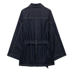Women's Denim Jacket Solid Color Straps Waist Cinched Turndown Collar Fashionable Versatile Casual Spring Autumn Jacket 2025 New