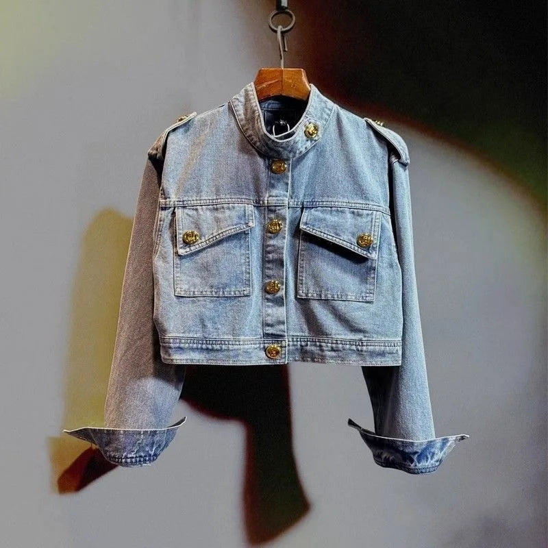 Blouse Jacket Women's Autumn Retro Cropped Denim Distinctive Gold Buckle New Comfortable Minimalist Fashionable Niche Versatile