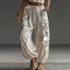 2026 New Women Pink 3D Floral Print Long Pants Elegant High Waist Straight Leg Trousers Casual Party Fashion Streetwear Bottoms