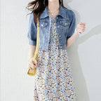 Half Sleeve Denim Fit Harajuku Street Denim Jacket Women Vintage Crops Trendy Turn Down Collar Jackets Women Basic Solid Outwear