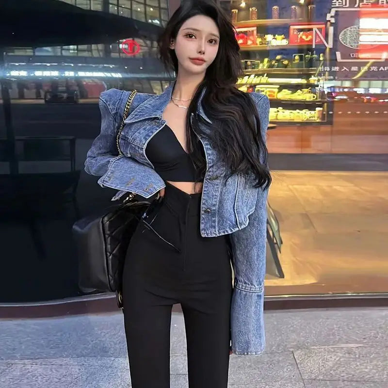 American Vintage Cropped Jackets Women Denim Chic Design Hip Hop Streetwear Young Slim Outwear Long Sleeve New Spring Popular