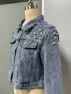 Women's Trendy Beaded Denim Jacket for Spring And Autumn New Fashion Casual Outerwear