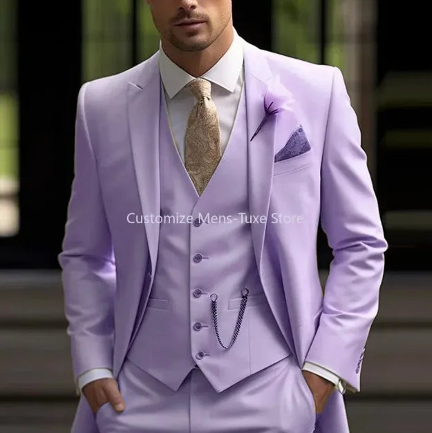 New Beige Suit Men Business Tuxedos Formal 3 Piece Set Jacket Vest Pants Single Breasted Groom Groomsman Prom Wedding Party