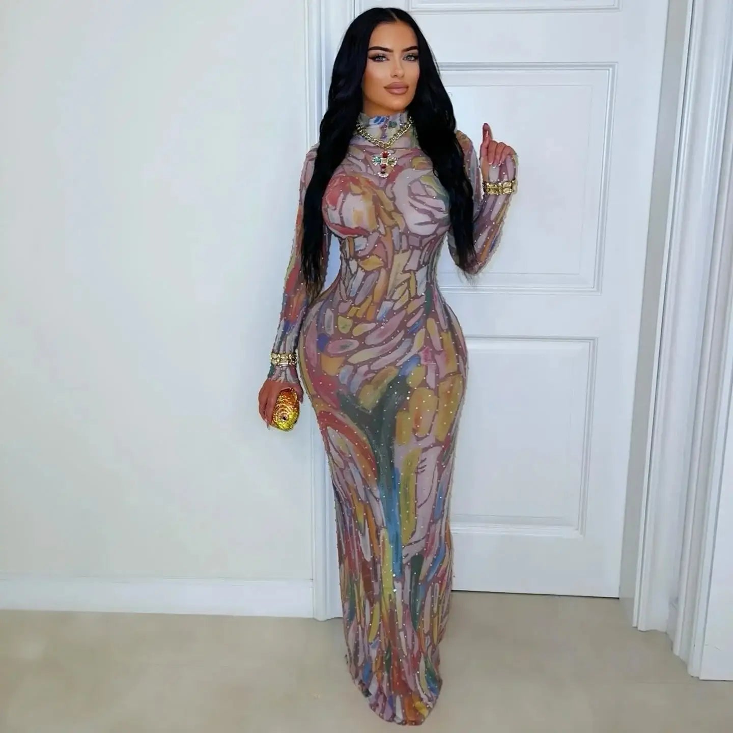 Long Sleeve Water-Media Net Diamond-Heated Party Gown