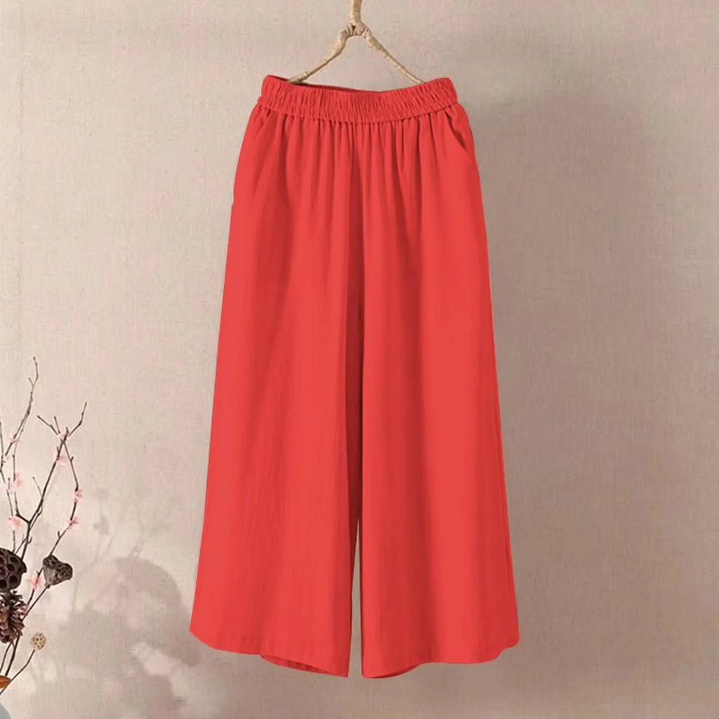 Feamle Casual and Versatile Lazy Style Wide Leg Pants With Pockets Lightweight High Waisted Loose Cropped Capris