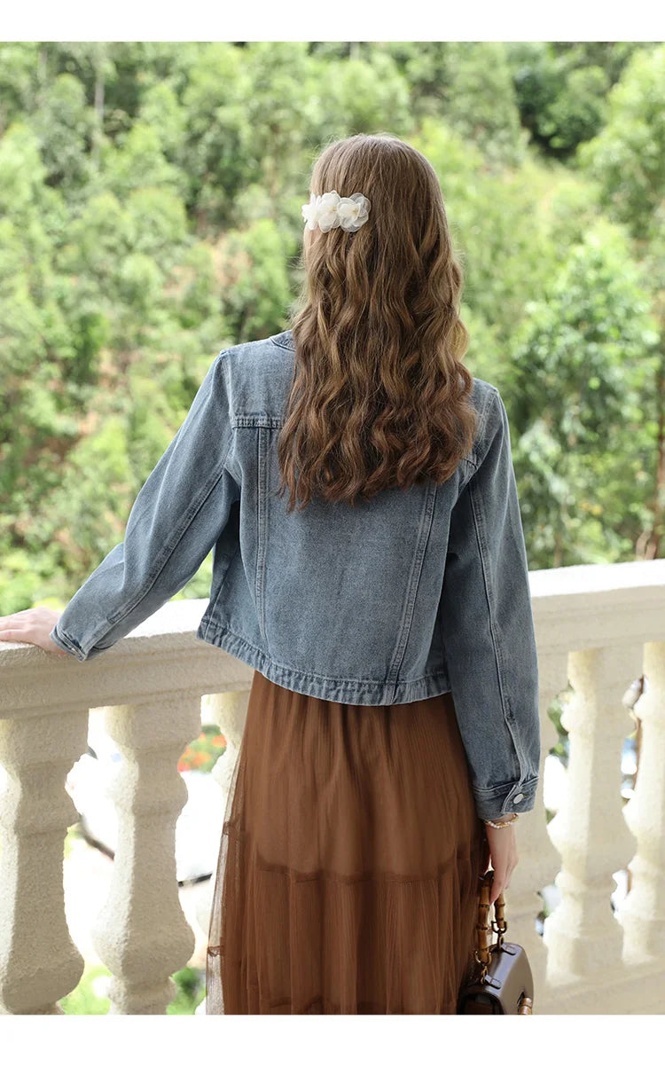 I BELIEVE YOU Short Denim Coat for Women 2024 Crew Neck Autumn New Casual Basic Straight Comfort Retro Female Jackets CWN245542A