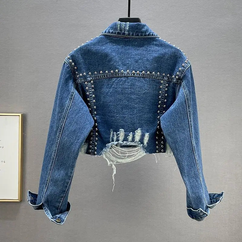 Women's Heavy Industry Riveted Diamond Denim Jacket Spring  Autumn New Slim Fashion Frayed Beaded Jacket Denim Female Tops 2026