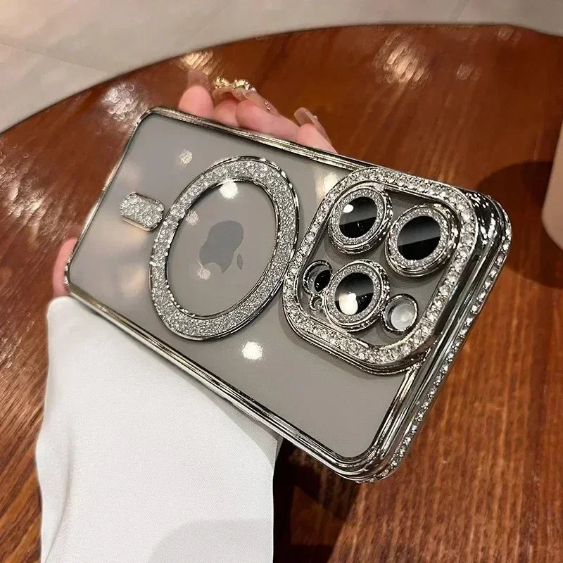 Clear Bling Crystal Phone Case For iPhone 16 15 14 11 12 13 Pro Max Plus For Magsafe Magnetic Wireless Charging Lens Film Cover