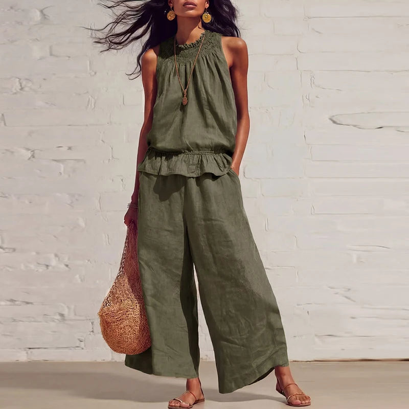 Summer Cotton Linen Solid Color Sleeveless Vest Top Women Pants Suit Casual Pocket Elegant Female Office Retro 2 Piece Set