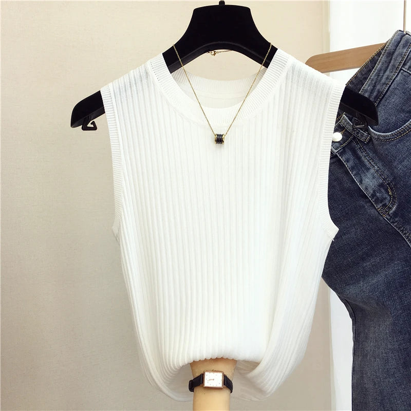 zjais Summer Spring Tanks Top Women Sleeveless Knitted T-Shirts Female Elastic Slim Casual Vests Crop Tops Camis Pullover Shirts